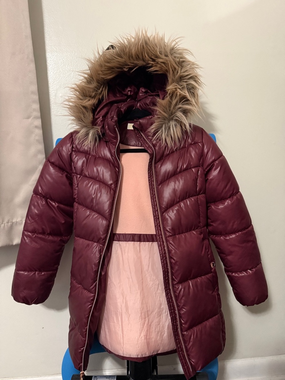 Michael Kors Girls Burgundy Puffer Coat with Faux Fur Hood